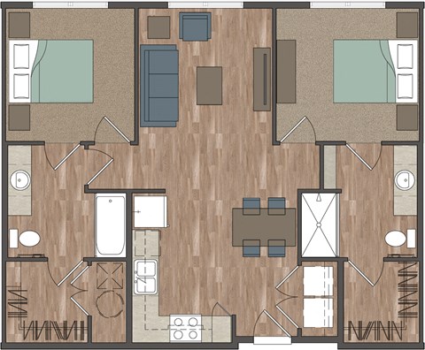 Floor plan for 2 beds, 2 baths, 917 sqft